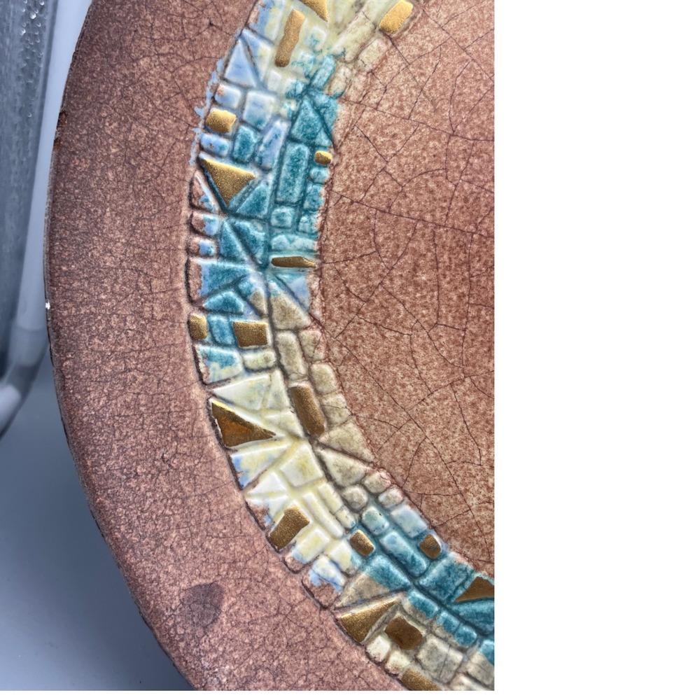 Vtg Mid Century Sascha Brastoff MCM crackle Mosaic Plate Sascha B Teal w gilt M9 - Picture 3 of 6